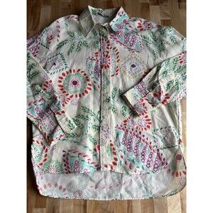 Zara Women's Long Sleeve Button Up Collared Blouse Linen Colorful Print S